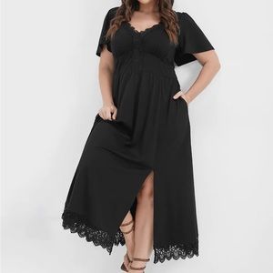 Solid Pocket Contrast Lace Split Maxi Dress